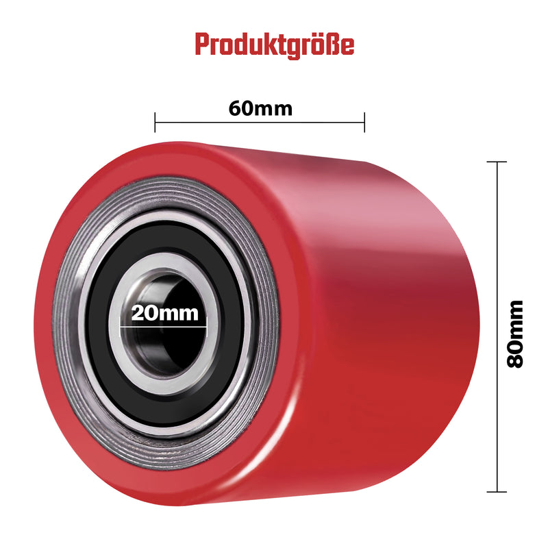 XIIW 2x PU Hubwagenrollen 80x60 mm Rot, Achse 20 mm, Ersatzrollen für Handhubwagen, bis 550 kg pro Rolle