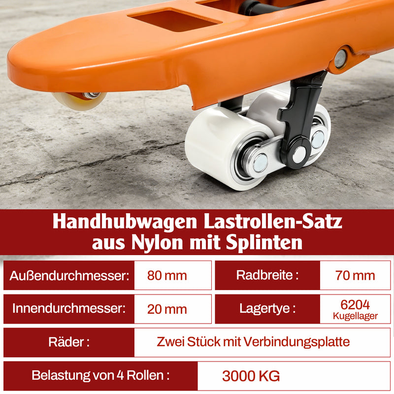 XIIW 4x Nylon Hubwagenrollen 80x70 mm, Lastrollen mit 6204 Kugellager 20 mm, Ersatzrollen für Handhubwagen bis 3000 kg
