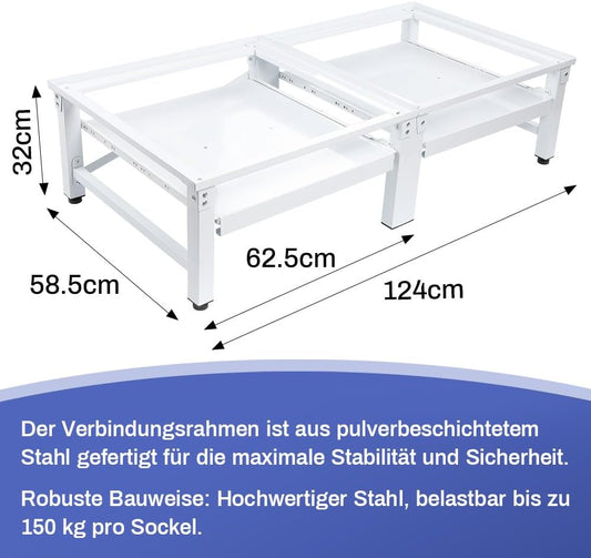 Doppel Untergestell inkl. Ausziehbare Ablage für Waschmaschinen Trockner | 124x58.5cm | Max. 2x150kg