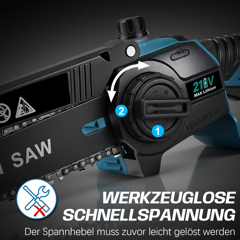 XIIW Akku Mini-Kettensäge 900 W, 6/8 Zoll, bürstenlos, 28000 U/min, 2 x 2,0 Ah Akkus, Kettenschmierung & werkzeuglose Spannung