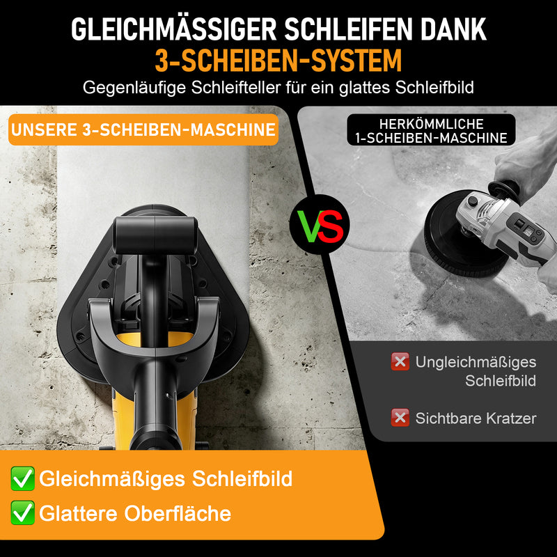 XIIW 3800W Betonschleifer 3-Scheiben, Ø105 mm, 6 Stufen, Nass/Trocken, Staubabsaugung, langer Handgriff