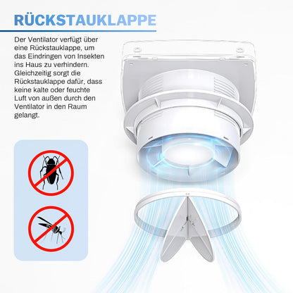 Badlüfter Ø100mm Abluftventilator mit Rückstauklappe, Badezimmerlüfter 95 m³/h, 12 Watt / 34dB - XIIW