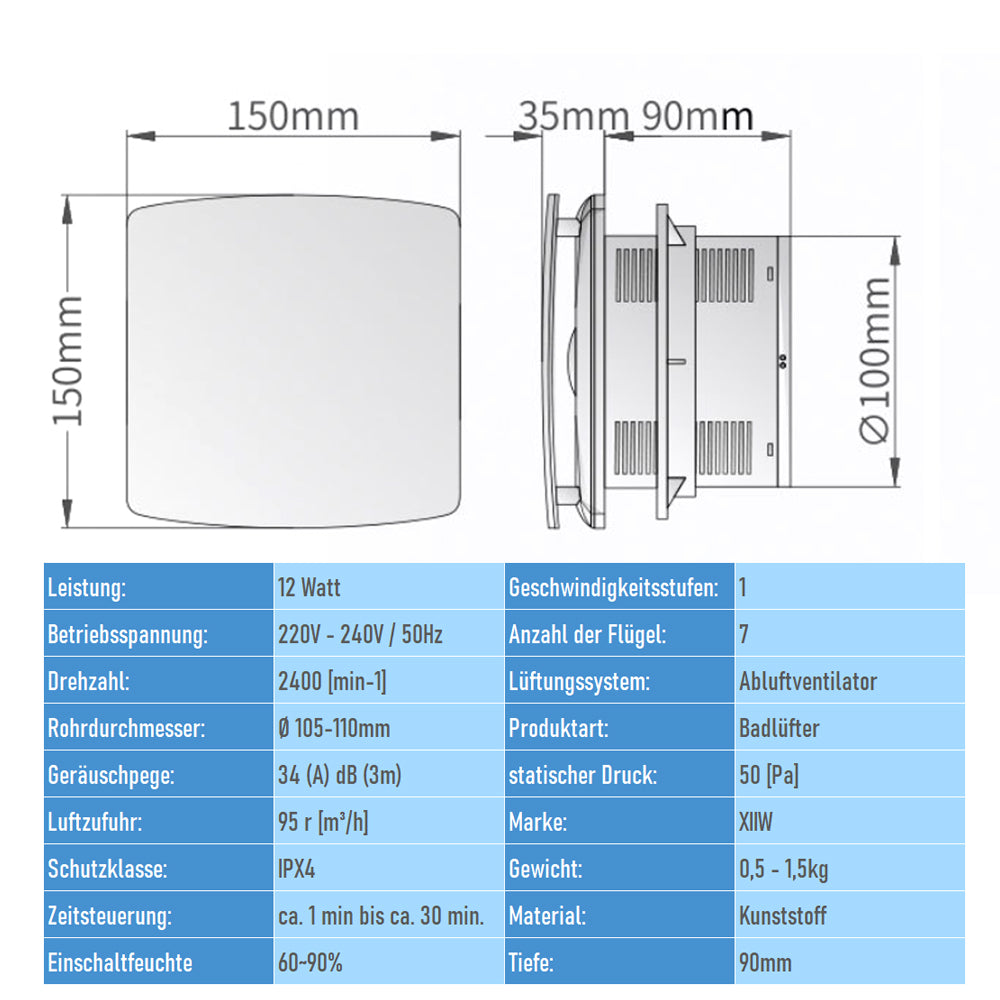 Badlüfter 100mm mit Feuchtigkeitssensor & Timer – Leise, Energiesparend 12W, 34dB, 95m³/h, Abluftventilator mit Rückstauklappe für Bad & Küche