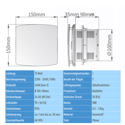 Badlüfter 100mm mit Feuchtigkeitssensor & Timer – Leise, Energiesparend 12W, 34dB, 95m³/h, Abluftventilator mit Rückstauklappe für Bad & Küche