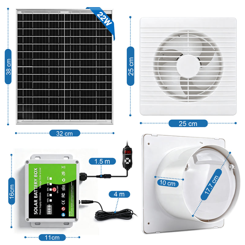 XIIW Solar Abluftventilator 200 mm mit 8000mAh Akku, 22W Solarpanel, 500 m³/h Solar Lüfter für Hühnerstall & Gewächshaus