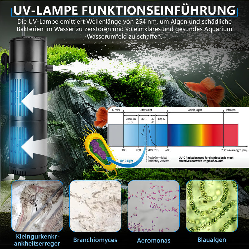 XIIW 4-in-1 Aquarium UVC Klärer Pumpe 800L/H, UV-C Innenfilter gegen grünes & trübes Wasser, für 150–300L Becken