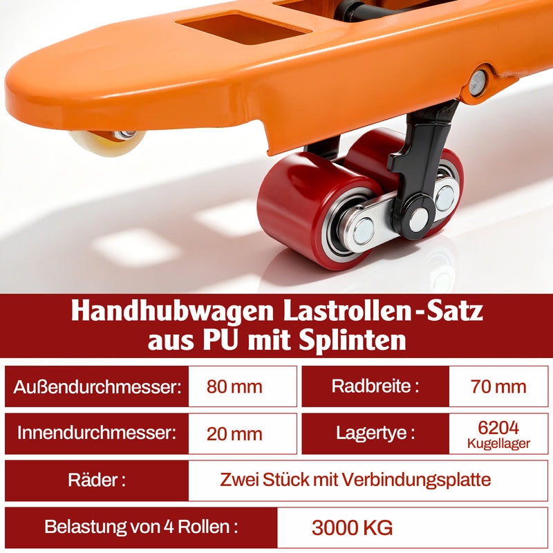 XIIW 4x PU Hubwagenrollen 80x70 mm, Lastrollen mit 6204 Kugellager 20 mm, Ersatzrollen-Set für Handhubwagen bis 3000 kg