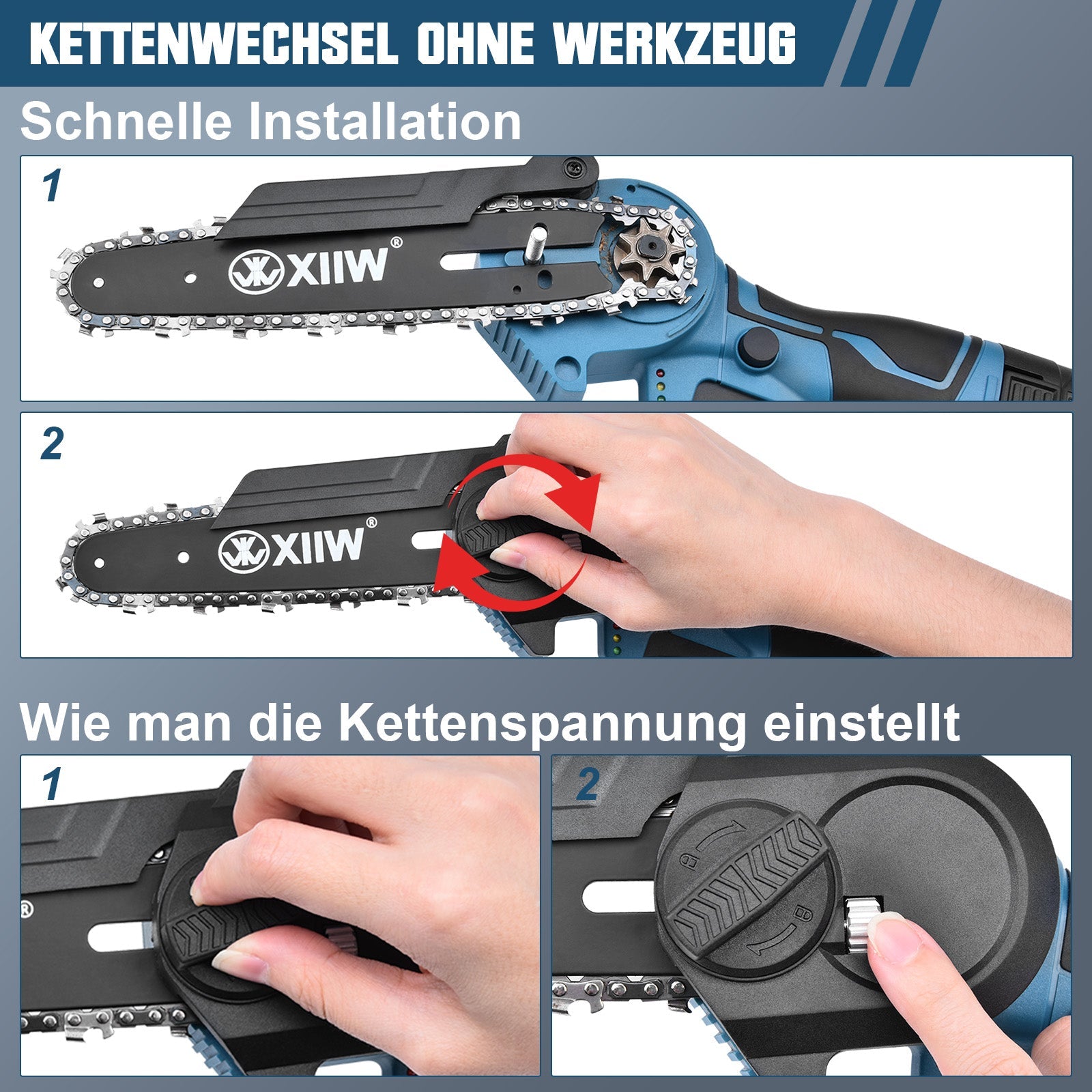 4 - Zoll Akku Mini Kettensäge – Leichte kabellose Gartensäge mit 350W Motor, 60 Min Laufzeit, ideal für Äste & Holzschnitt im Garten