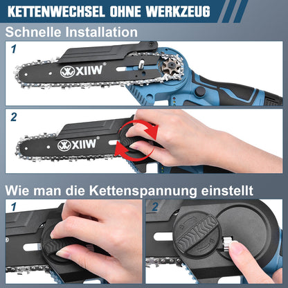 4 - Zoll Akku Mini Kettensäge – Leichte kabellose Gartensäge mit 350W Motor, 60 Min Laufzeit, ideal für Äste & Holzschnitt im Garten