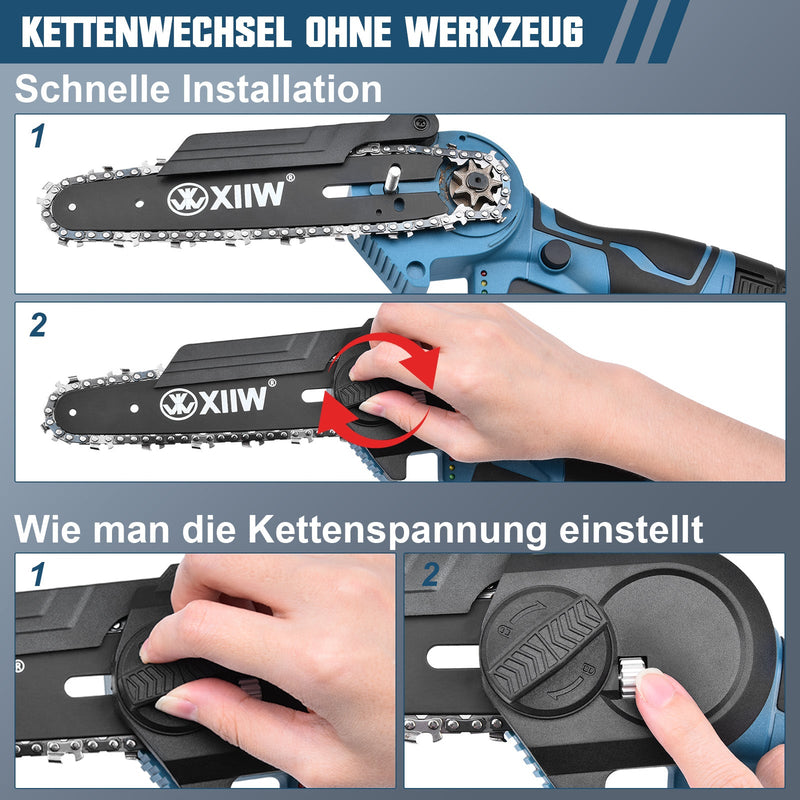 4 - Zoll Akku Mini Kettensäge – Leichte kabellose Gartensäge mit 350W Motor, 60 Min Laufzeit, ideal für Äste & Holzschnitt im Garten