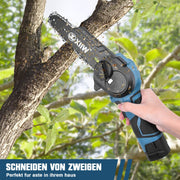 4 - Zoll Akku Mini Kettensäge – Leichte kabellose Gartensäge mit 350W Motor, 60 Min Laufzeit, ideal für Äste & Holzschnitt im Garten