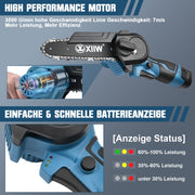 4 - Zoll Akku Mini Kettensäge – Leichte kabellose Gartensäge mit 350W Motor, 60 Min Laufzeit, ideal für Äste & Holzschnitt im Garten