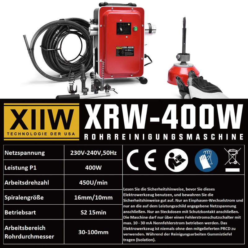 400W Rohrreinigungsmaschine – Elektrischer Abflussreiniger für 30–100mm Rohre mit Spiralen & Bohrköpfen