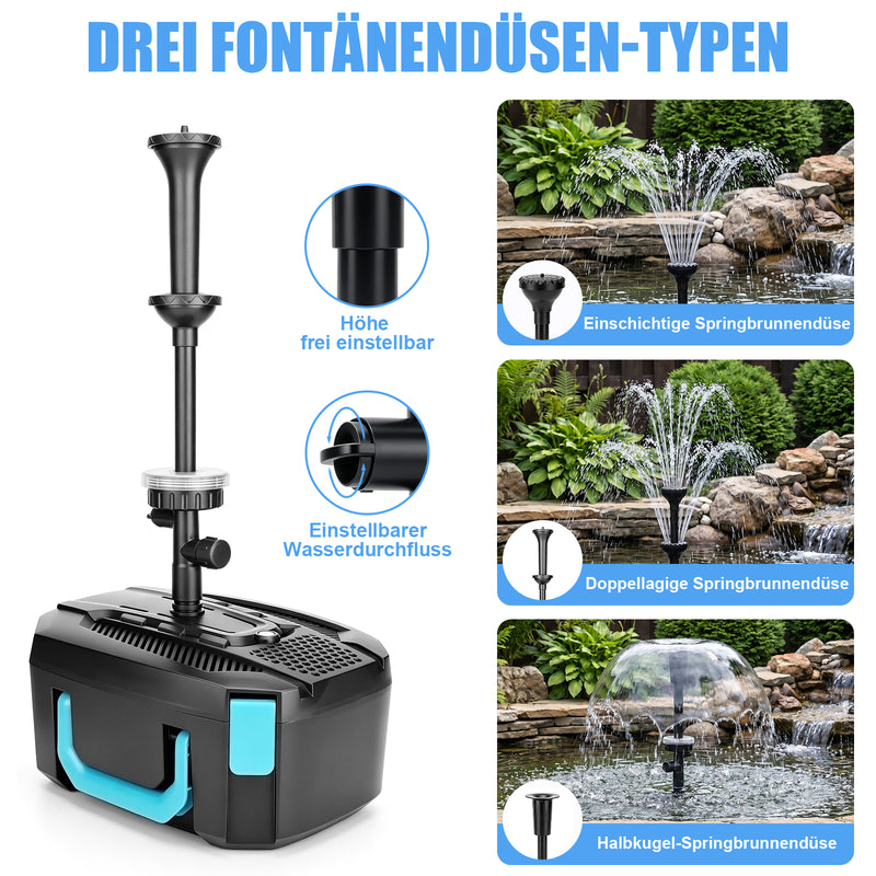 XIIW Teichfilter mit UVC, 45W-Pumpe 3000 l/h, RGB-Licht, 3 Springbrunnendüsen & Wasserfall