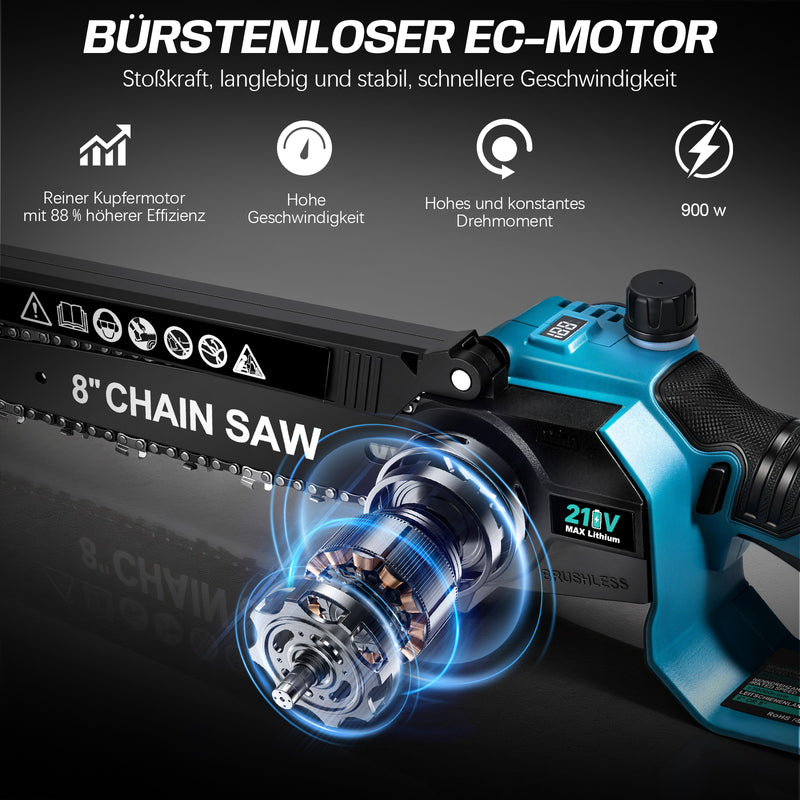 XIIW Akku-Kettensäge 6 + 8 Zoll, bürstenlose Mini-Kettensäge 900 W, 2×2,0 Ah Akkus, Ölsystem, 4 Ketten, werkzeuglose Kettenspannung, Koffer