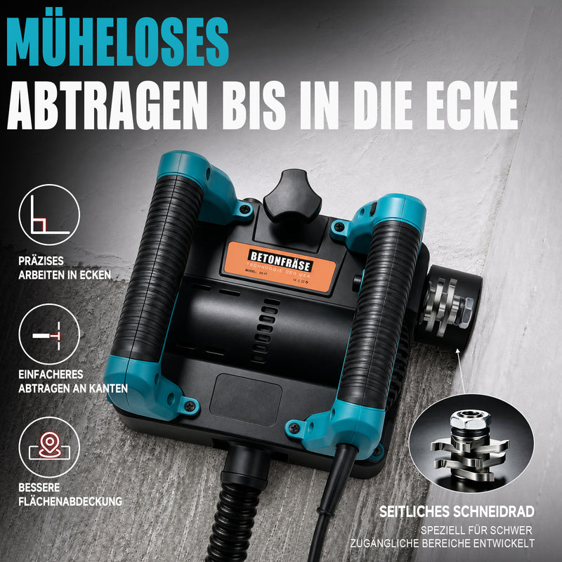 XIIW Akku Wandfräse 1600W, Akku Putzfräse & Sanierungsfräse 0–4 mm, 120 mm, 3×4,0Ah Akku, Seitenfräser, 1000–4000 U/min