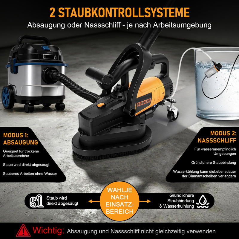 XIIW 3800W Betonschleifer 3-Scheiben, Ø105 mm, 6 Stufen, Nass/Trocken, Staubabsaugung, langer Handgriff