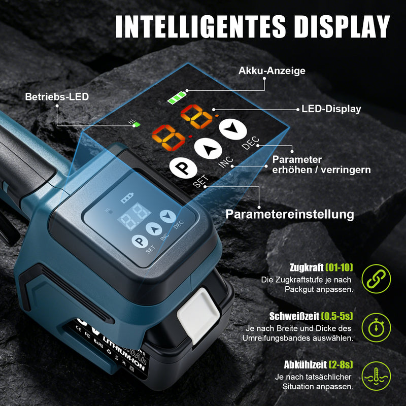 XIIW Akku-Umreifungsgerät 3500 N, PET/PP 10–16 mm, 2×5000 mAh, Elektrische Umreifungsmaschine mit Digitalanzeige