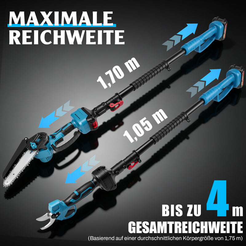 XIIW 4-in-1 Akku Hochentaster & Gartenschere Set 600W bürstenlos – Mini Kettensäge mit Teleskopstange, 2 Akkus, Baumschnitt Werkzeug Set