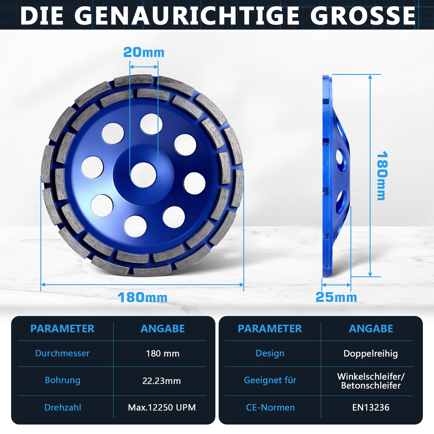 Premium Diamant-Turboschleifscheibe 180 mm mit 22,23 mm Bohrung für Winkelschleifer
