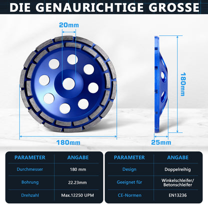 Premium Diamant-Turboschleifscheibe 180 mm mit 22,23 mm Bohrung für Winkelschleifer