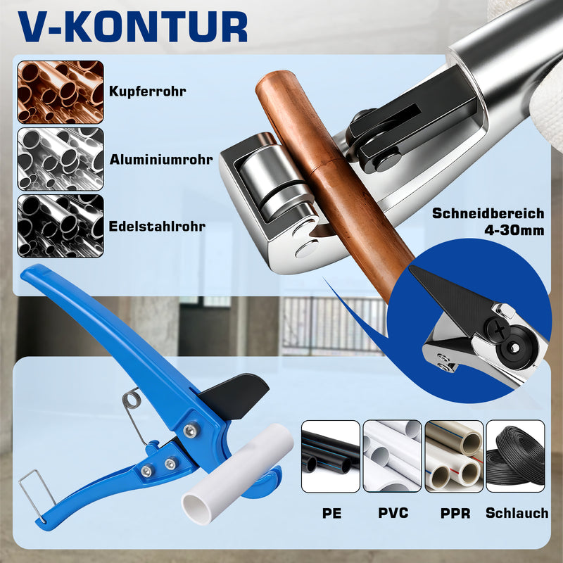 XIIW Hydraulische Presszange 80 kN, V- & TH-Kontur 12–32 mm, 14-teiliges Rohrpresszangen-Set mit Rohrschneidern und Entgrater
