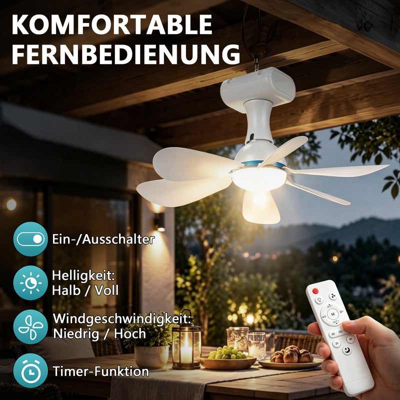 XIIW Solar Camping Ventilator mit LED Licht, 6000mAh Akku, Solarpanel, Fernbedienung & Timer, 3 Lichtfarben, für Zelt & Wohnmobil