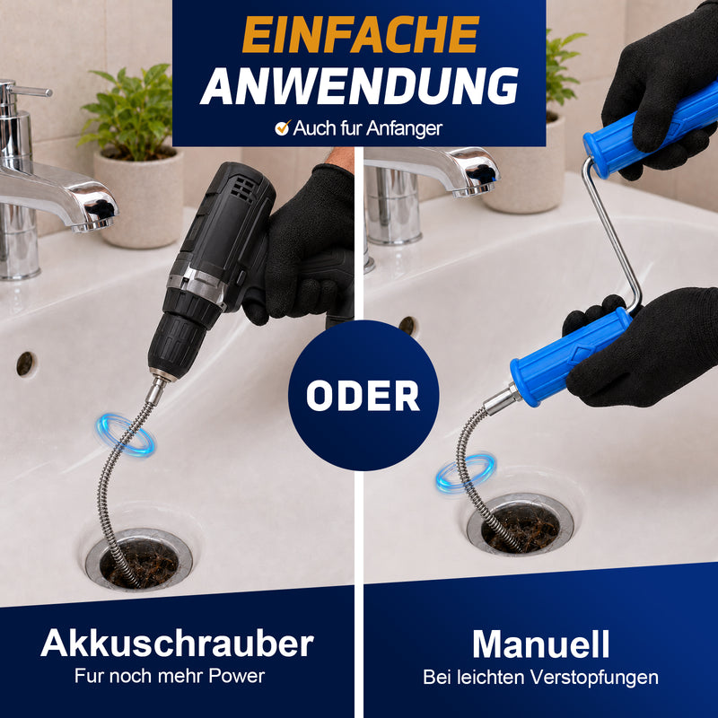 XIIW Rohrreinigungsspirale Ø12 mm 2x3 m, Abflussspirale mit 7 Köpfen, Handkurbel & Bohrmaschinenadapter, Rohre bis Ø80 mm