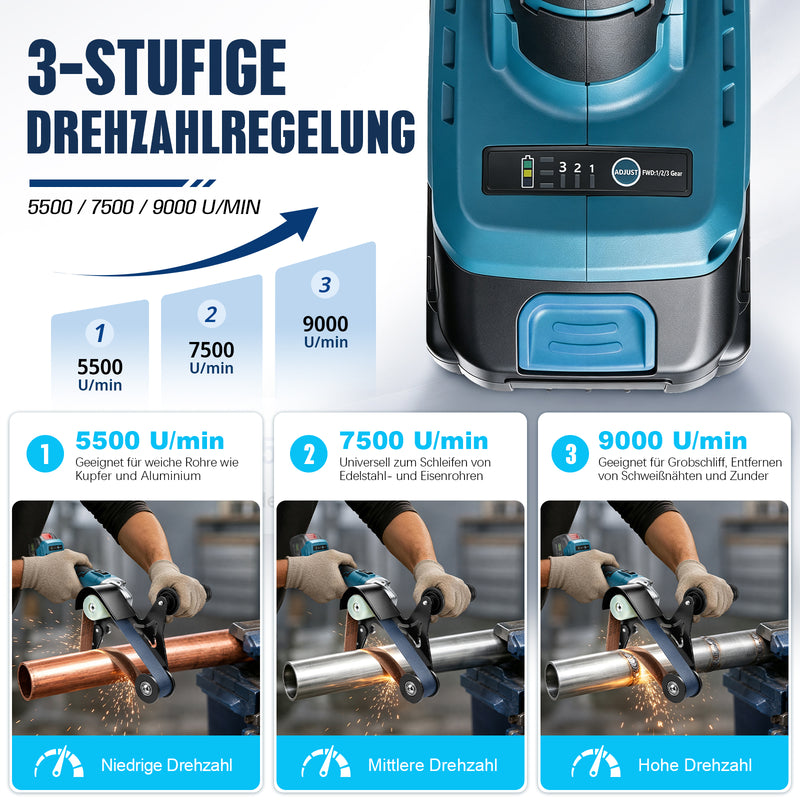 XIIW Akku Rohrbandschleifer 1000 W, 40 x 760 mm, 5500–9000 U/min, 240° Umschlingung, 2 x 4,0 Ah Akkus