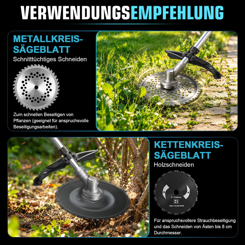 XIIW Akku Freischneider 1680W, Bürstenlos 18800 U/min, 2×4,0Ah Akkus, Motorsense mit 3 Bürsten, Metallmesser & Sägeblättern