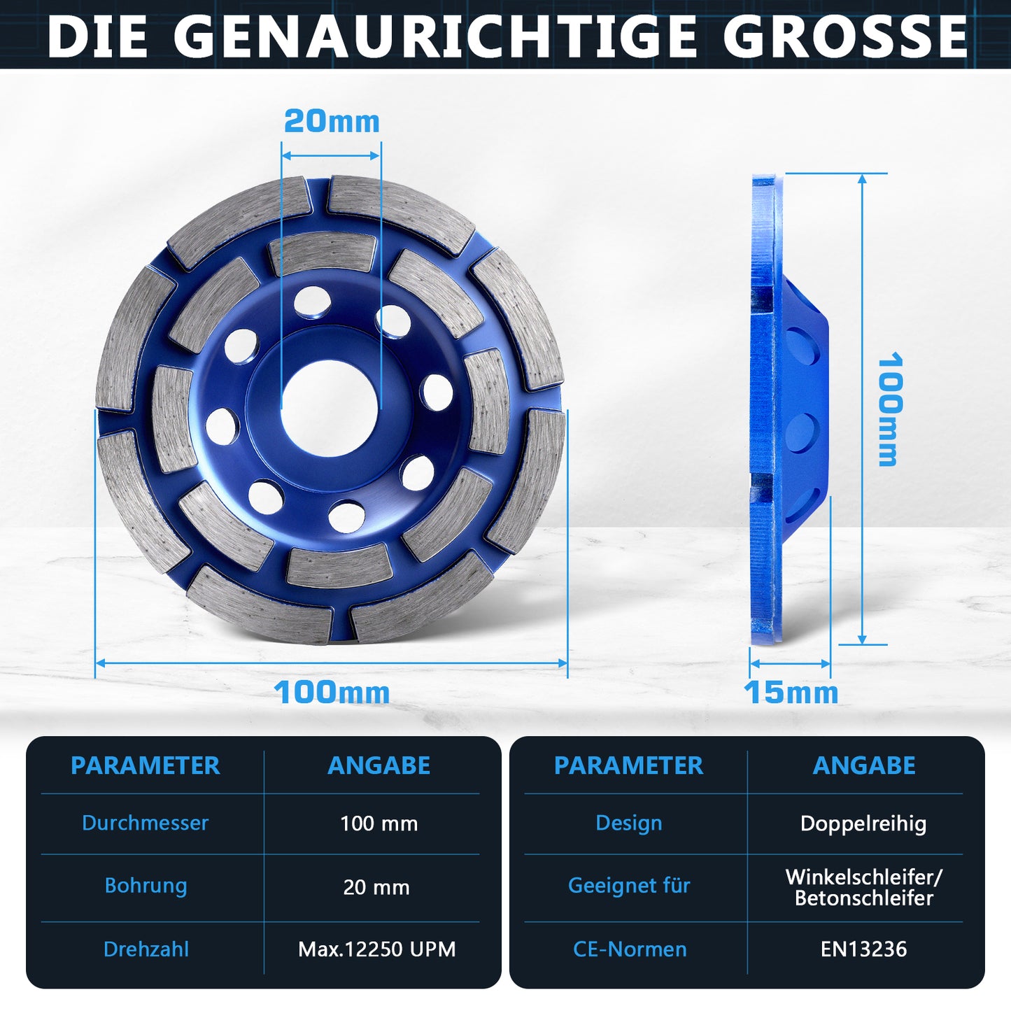 Premium Diamant-Turboschleifscheibe 100 mm mit 20 mm Bohrung für Winkelschleifer