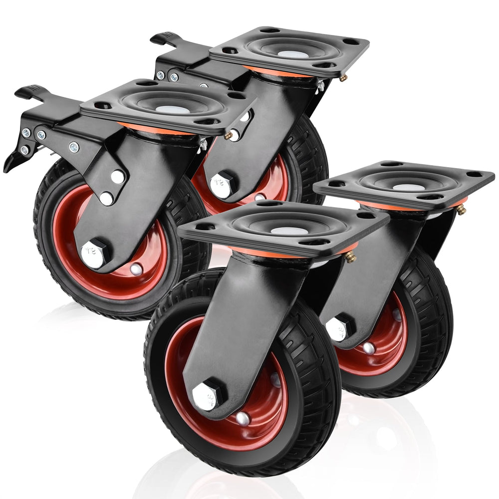 Set of 4 200mm heavy-duty all-terrain casters – 2 with brakes, 2 swivel, for workshop, garden & transport equipment
