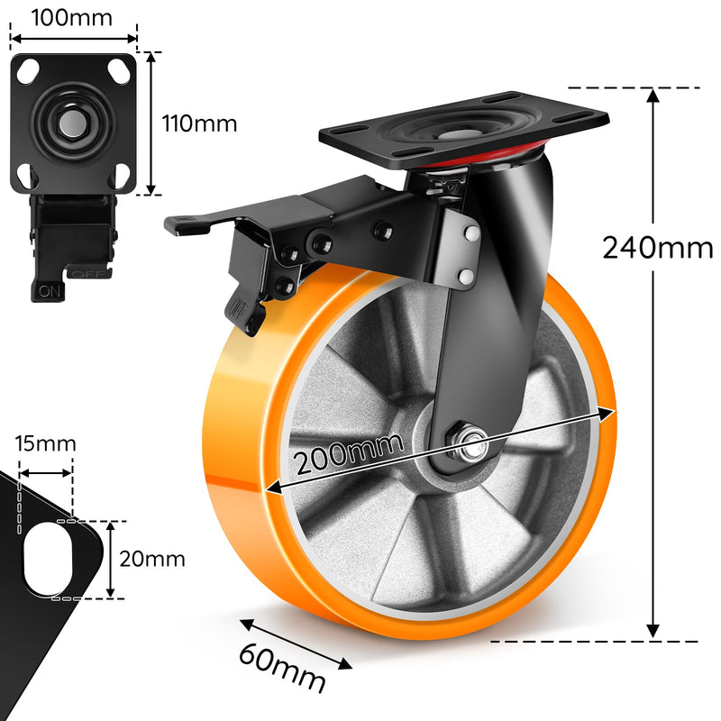 4er - Set Geländegängige Schwerlastrollen 200mm– 2 mit Bremse, 2 drehbar für Werkstatt, Garten & Transportgeräte
