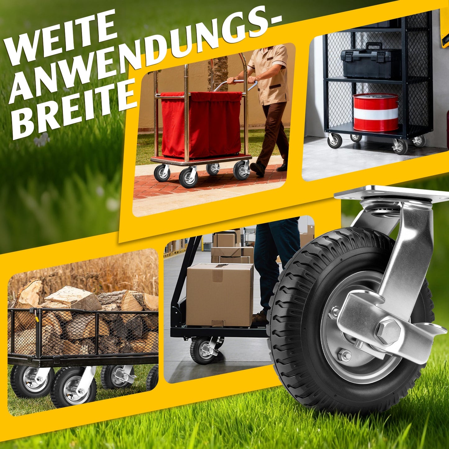 4er Set Pneumatische Lenkrollen 200mm – Geländegängig, Schwerlast, Naturkautschuk & Kugellager