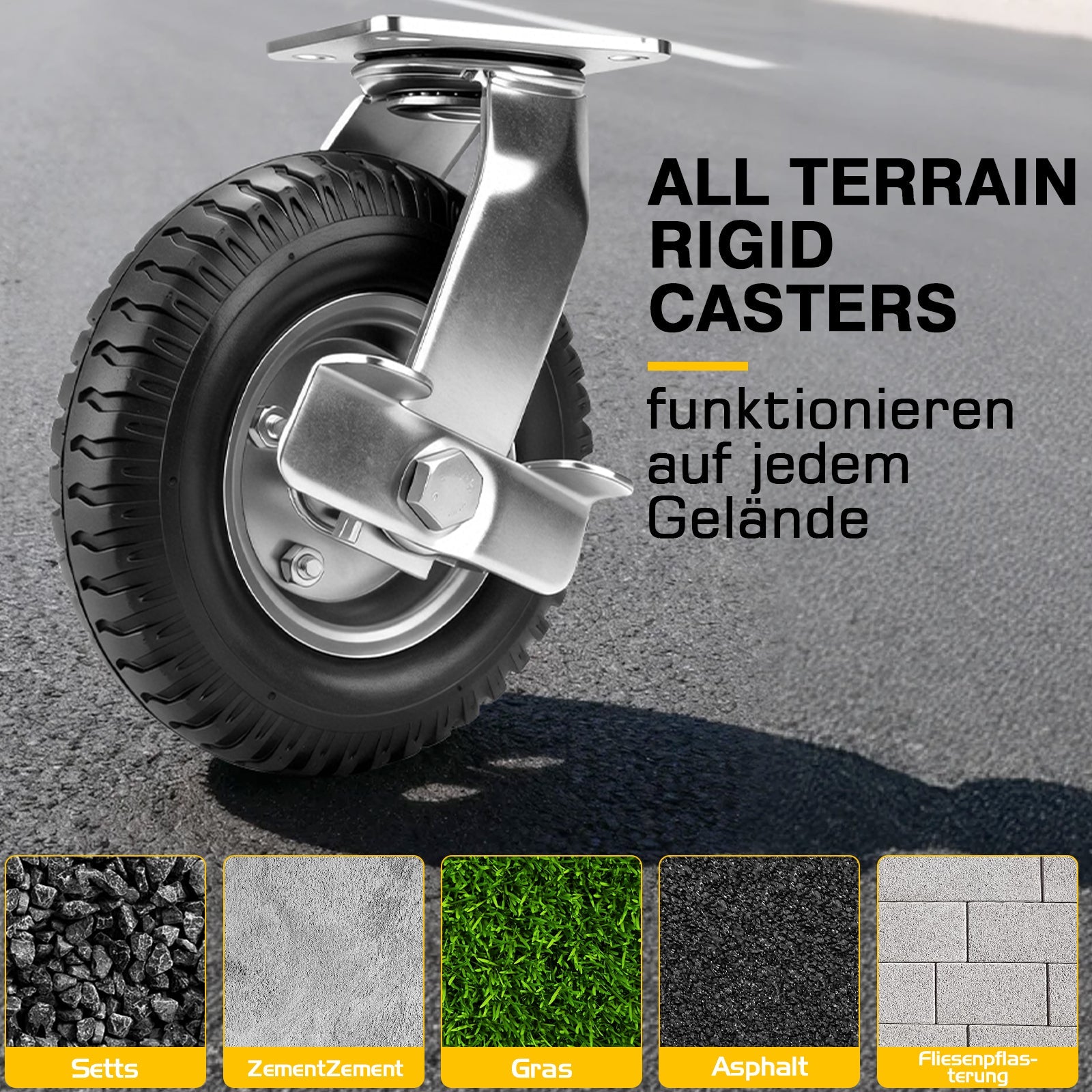 4er Set Pneumatische Rollen 200mm – 2 Bremsrollen + 2 Lenkrollen, Schwerlast & Geländegängig mit Luftbereifung