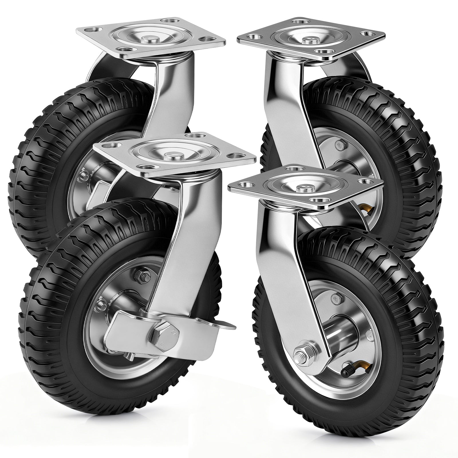 4er Set Pneumatische Rollen 200mm – 2 Bremsrollen + 2 Lenkrollen, Schwerlast & Geländegängig mit Luftbereifung