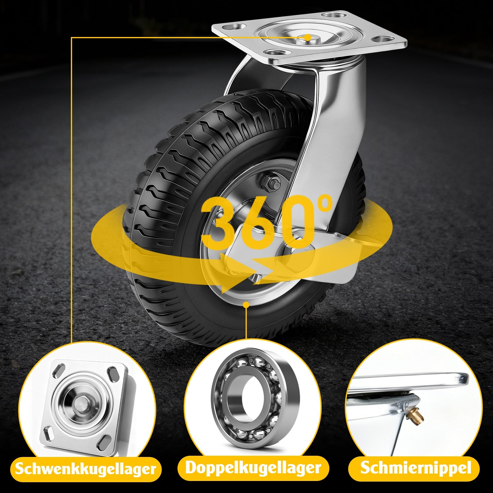 4er Set Pneumatische Rollen 250mm – 2 Bremsrollen + 2 Lenkrollen, Schwerlast & Geländegängig