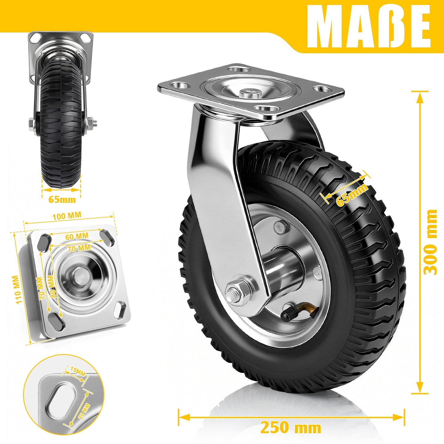 4er Set Pneumatische Rollen 250mm – 2 Bremsrollen + 2 Lenkrollen, Schwerlast & Geländegängig