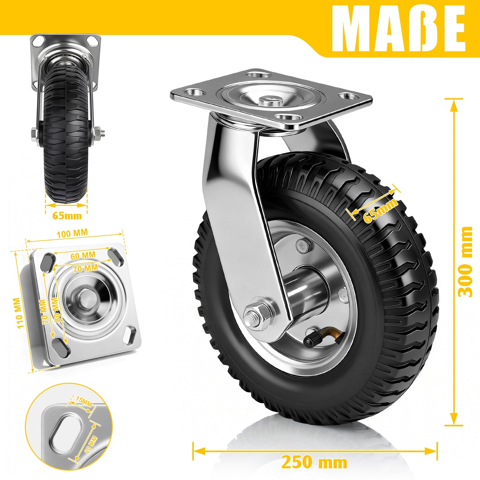 4er Set Pneumatische Rollen 250mm – 2 Bremsrollen + 2 Lenkrollen, Schwerlast & Geländegängig