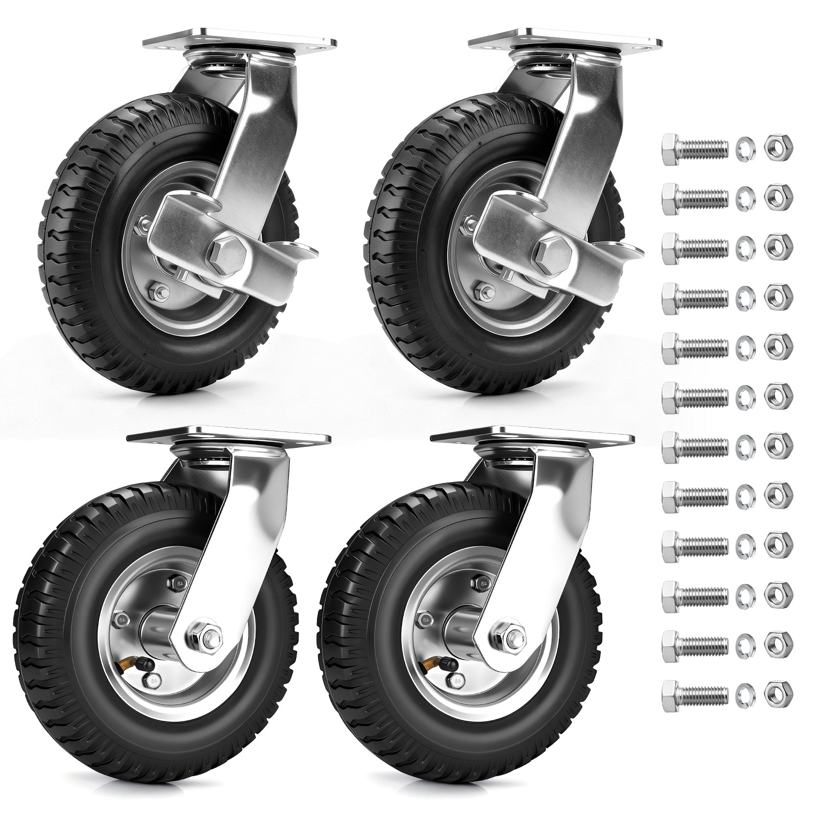 4er Set Pneumatische Rollen 250mm – 2 Bremsrollen + 2 Lenkrollen, Schwerlast & Geländegängig