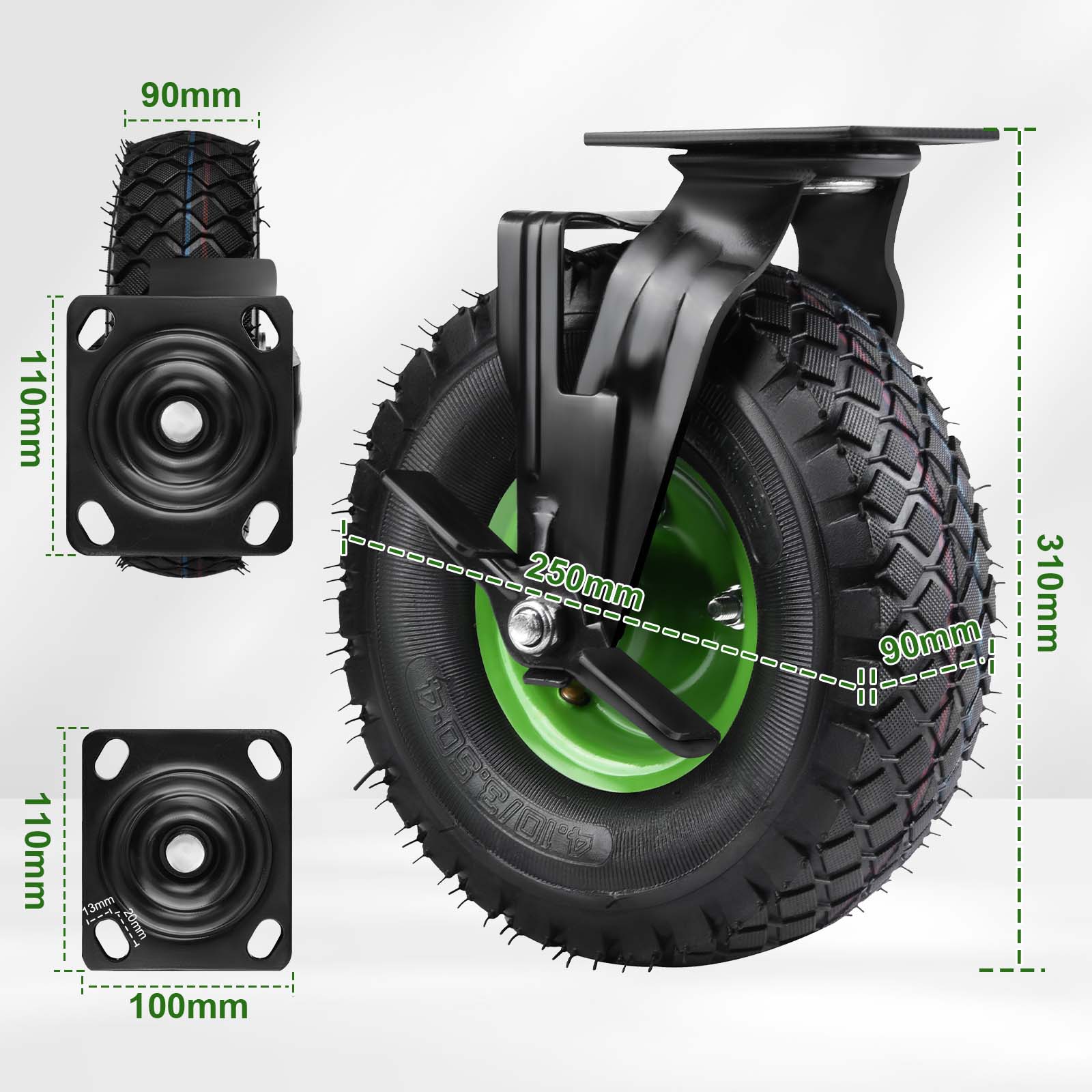4er - Set Schwerlastrollen 250mm – 2 Lenkrollen mit Bremse + 2 Bockrollen, Luftreifen, 200kg Tragkraft pro Rolle