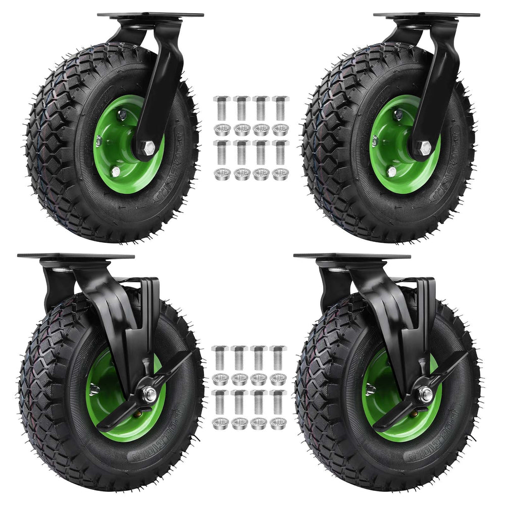 4-delige set zware zwenkwielen 250 mm – 2 zwenkwielen met rem + 2 vaste wielen, luchtbanden, draagvermogen 200 kg per wiel