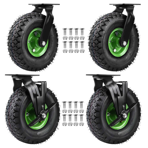 4er - Set Schwerlastrollen 250mm – 2 Lenkrollen mit Bremse + 2 Bockrollen, Luftreifen, 200kg Tragkraft pro Rolle