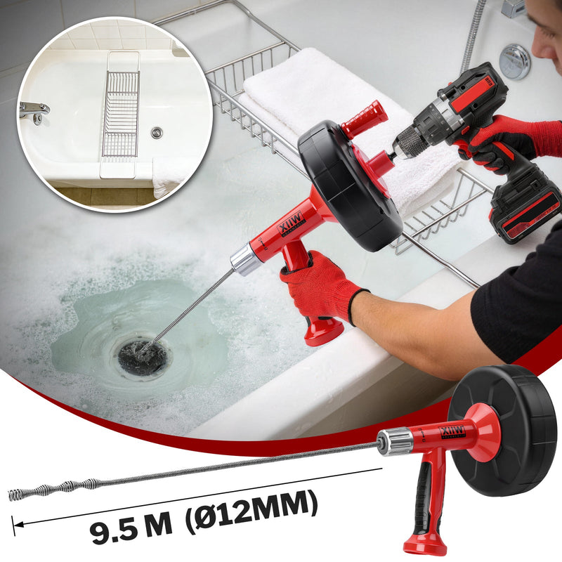 500W Rohrreinigungsgerät mit Manuell - und Bohrerantrieb, 9,5m Spirale, für Haushalt Abflussreinigung