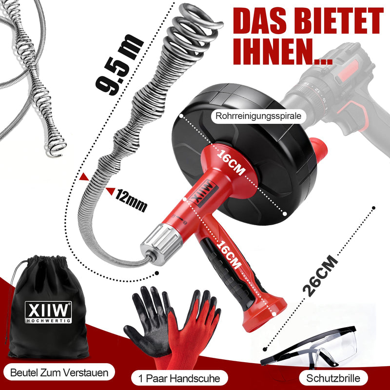 500W Rohrreinigungsgerät mit Manuell - und Bohrerantrieb, 9,5m Spirale, für Haushalt Abflussreinigung