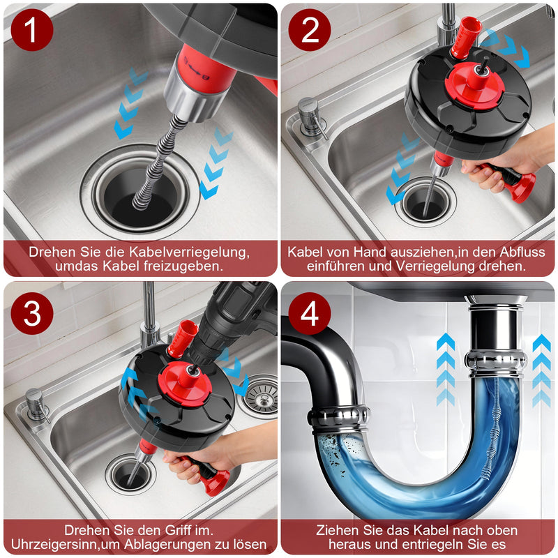 500W Rohrreinigungsgerät mit Manuell - und Bohrerantrieb, 9,5m Spirale, für Haushalt Abflussreinigung