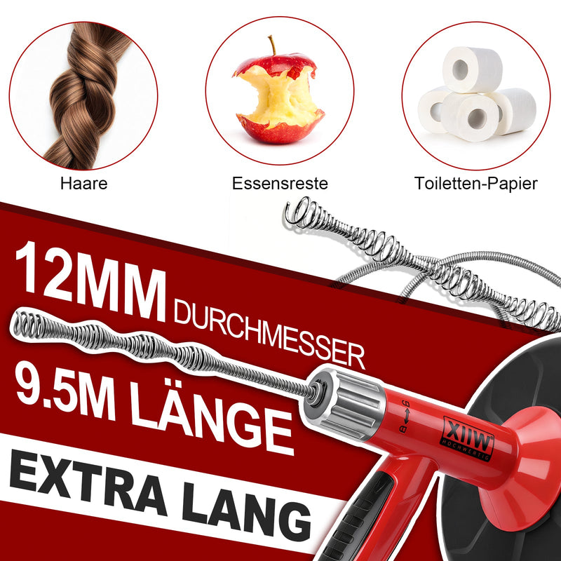 500W Rohrreinigungsgerät mit Manuell - und Bohrerantrieb, 9,5m Spirale, für Haushalt Abflussreinigung