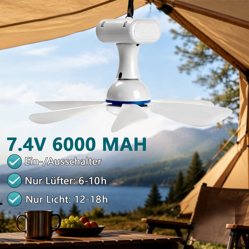 XIIW Solar Camping Ventilator mit LED Licht, 6000mAh Akku, Solarpanel, Fernbedienung & Timer, 3 Lichtfarben, für Zelt & Wohnmobil