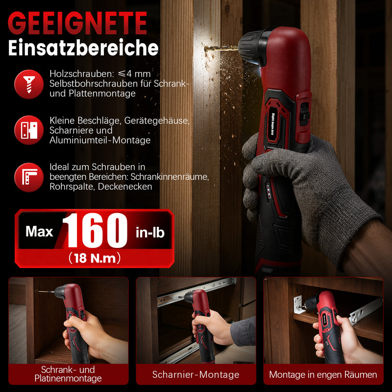 XIIW 12V Akku-Winkelbohrmaschine 90°, 18 Nm, 10 mm Schnellspannfutter, 2-Gang Winkelbohrer mit 2,0Ah Akku & LED