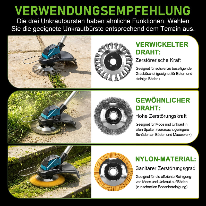 XIIW Akku Freischneider 1200 W, 16800 U/min, 2 x 4,0 Ah Akkus, 3 Unkrautbürsten, Metallmesser und Kreissägeblatt